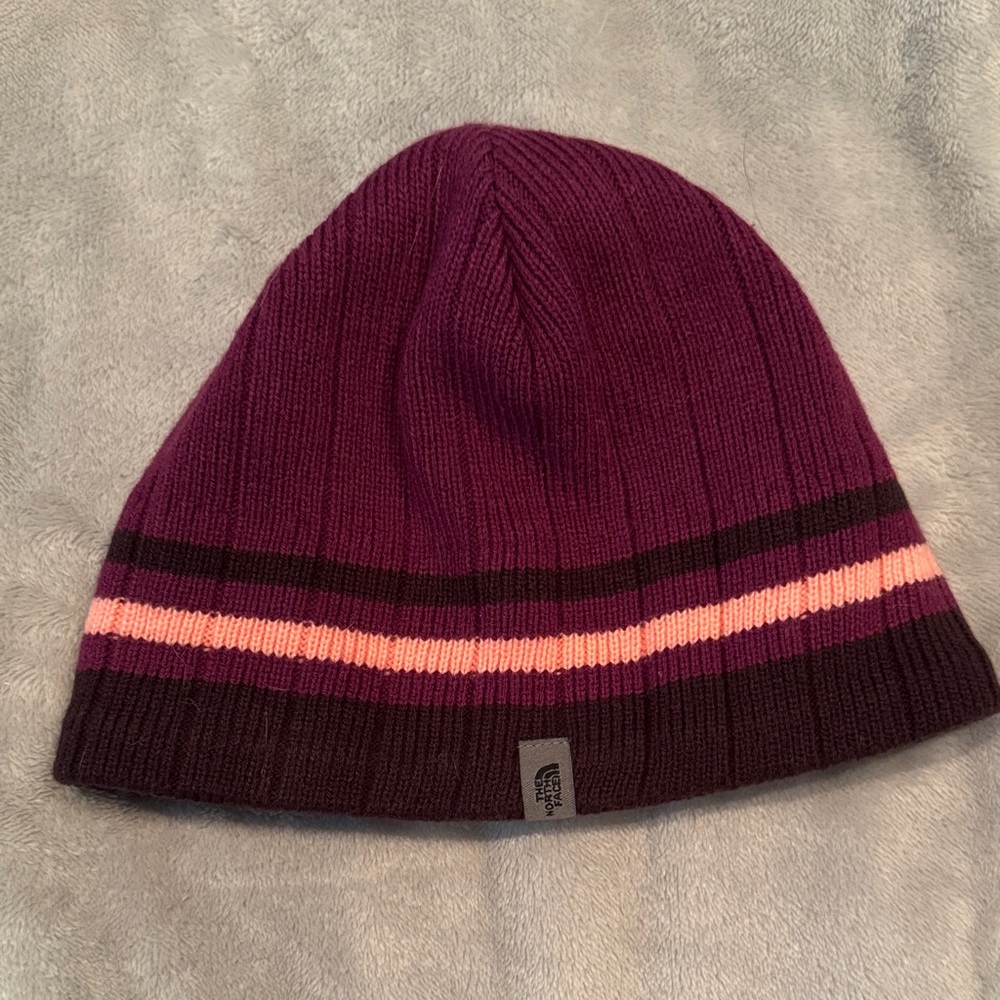 The North Face Striped Beanie in Purple and Pink
